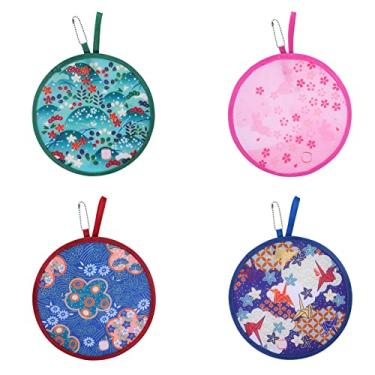 Imagem de Generic 4 peças de leques de mão redondos dobráveis, estilo japonês, padrão floral, azul, vermelho, rosa, poliéster, 21 x 7 cm, sala de estar, quarto, sala de jantar, escritório em casa
