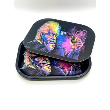 Imagem de Bandeja de enrolar de arte científica colorida, metal preto com design vibrante de arco-íris, padrão de fórmula decorativa, caixa de armazenamento quadrada