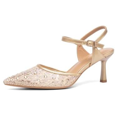 Imagem de NEWBELLA Salto alto feminino de strass stiletto de malha brilhante com bico fino e tira no tornozelo para casamento, festa, Dourado, 35