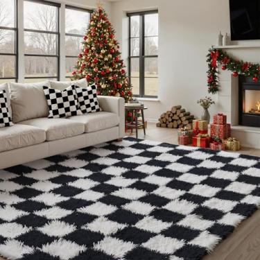 Imagem de PureCozy Tapete quadriculado 15 x 23 cm para sala de estar, preto e branco, moderno, lavável, antiderrapante, tapete de área grande, supermacio, tapete felpudo para quarto, casa, decoração estética