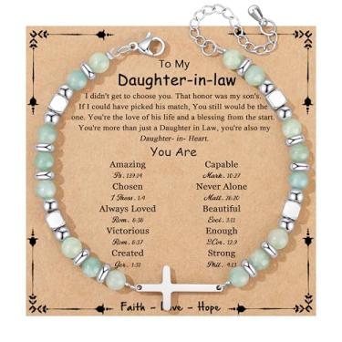 Imagem de JoycuFF Presentes Cristãos para Mulheres Pulseira Cruzada Fé Páscoa Católica Religiosa Joias Cristãs, Batismo Significativo Comunhão Contas Naturais Pulseiras, 7, Sem Pedra Preciosa