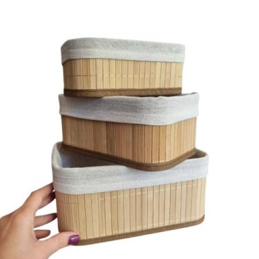 Imagem de Cesto Organizador, Cestos Organizadores de Bambu Multiuso Forro Organizador Objetos Quarto Roupa Banheiro(KIT 3 Cestos: P+M+G)