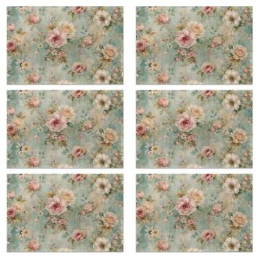 Imagem de Conjunto de 6 jogos americanos com folhas de flores rosa, linho lavável para o Natal, Ação de Graças, festa e jantar diário, tapetes de mesa decorativos para mesa de 4 a 6 pessoas