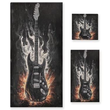 Imagem de ATTX Conjunto de toalhas de banho de guitarra elétrica preta de 3 peças - Ultra macio e de secagem rápida, toalhas de mão absorventes de grau de hotel e spa para banheiro #677