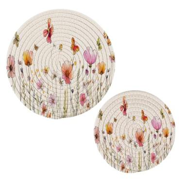 Imagem de Blueangle 2 peças de suporte de panela de flores silvestres de ervas - conjunto de pegadores de panela de tecido redondo - almofadas quentes trançadas de algodão - porta-copos - tapetes de mesa para