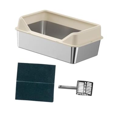 Imagem de Fenteer Caixas de areia para gatos semi-fechadas, portáteis, abertas, bandeja de areia para animais de estimação, gatinho, panela aberta, Cáqui