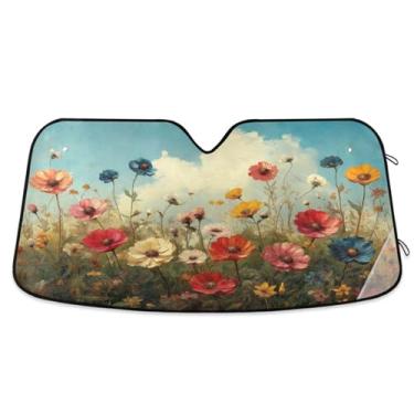 Imagem de ATTX Flores silvestres pintura a óleo pára-brisa carro 134.6 cm x 59.7 cm escudo solar universal com proteção UV, persiana de janela frontal automática dobrável para sedãs SUVs caminhões #483