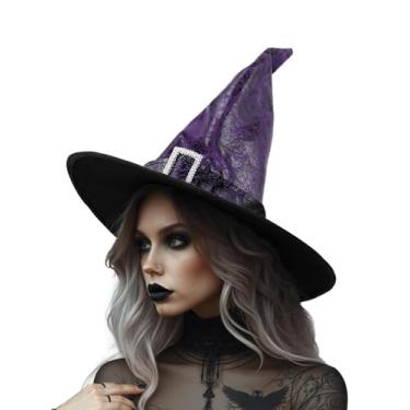 Imagem de ROC PARTY Chapéu de bruxa – Acessório de fantasia de Halloween de aba larga pontiaguda para adultos, adolescentes, cosplay e festas de fantasia (roxo)