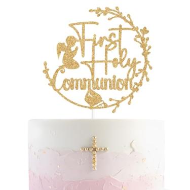 Imagem de Topo de bolo de primeira comunhão, batismo espanhol, primeira comunhão/abençoe Deus, batizado religioso/chá de bebê/decorações de festa de 1º aniversário, glitter dourado