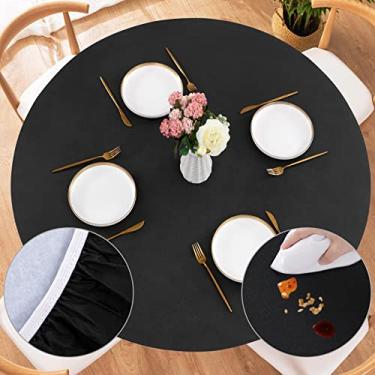 Imagem de UMINEUX Toalha de mesa redonda de vinil com bordas elásticas e forro de flanela, toalha de mesa redonda impermeável para uso em pátio interno - serve para mesas de até 114 a 142 cm de diâmetro (preto)