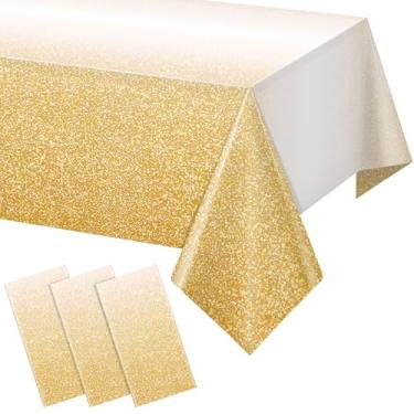Imagem de FunnyPars Pacote com 3 toalhas de mesa de plástico ombré douradas para festas, toalhas de mesa descartáveis em ouro amarelo gradiente para mesas retangulares, capa de mesa dourada clara para festa de