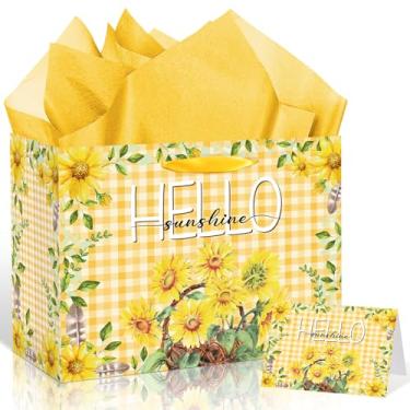 Imagem de Saco de presente de girassol, bolsa de embrulho de girassol amarelo com papéis de seda e decorações de lembrancinhas de festa Hello Sunshine Treat Sacos de papel de embrulho de doces para festa de