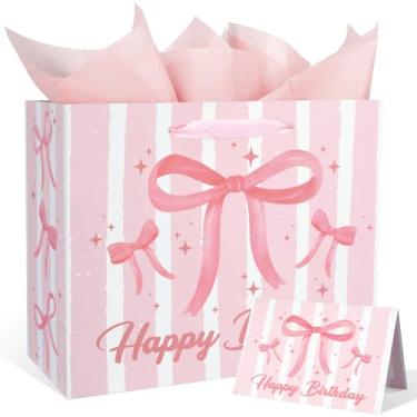Imagem de Sacos de presente de aniversário grandes com laço rosa de 33 cm, conjunto de sacos de papel de embrulho com alças de fita, papel de seda e cartão comemorativo para decoração de festa de aniversário