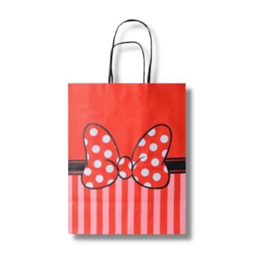 Imagem de Sacola Minnie, Kit Com 50 Unidades, Tamanho 17,5x8,5x21,5 cm, Para Lembrancinhas, Decoração de Festa, Vermelho Com Bolinhas Brancas