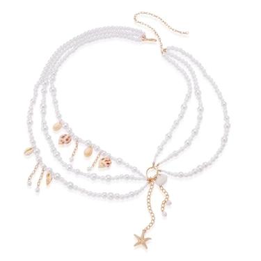 Imagem de Corrente de barriga de concha de pérola em camadas para mulheres, boêmia, sereia, praia, estrela-do-mar, concha e charme, joia corporal, acessórios de festa de biquíni de verão, corrente de cintura