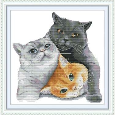 Imagem de CrossNest Kit de ponto cruz com contagem de animais de 14 quilates para iniciantes, conjunto completo de bordado DIY não impresso com padrão e ferramentas, pano Aida premium e fios (três gatos