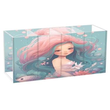 Imagem de Qilmy Lindo suporte de caneta de acrílico para meninas sereia, 3 compartimentos, porta-lápis transparente para mesa, organizador de pincéis de maquiagem, copo organizador de lápis para escritório