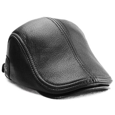 Imagem de Chapéu de jornaleiro masculino boné plano de couro chapéu de taxista de golfe com abas de orelha outono inverno chapéu de caça ao ar livre (preto-G