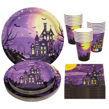 Imagem de ZVK Pratos de papel de casa assombrada, guardanapos, copos de papel, conjunto de 96 peças de pratos de sobremesa para festa de Halloween, guardanapos de papel, utensílios de jantar descartáveis para