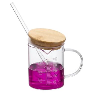 Imagem de PATIKIL Copo medidor de vidro de 250 ml, copo de vidro borossilicato, copos graduados de medição líquida com tampa de madeira, bico em forma de V para cozinha, bebendo, restaurante, balança impressa
