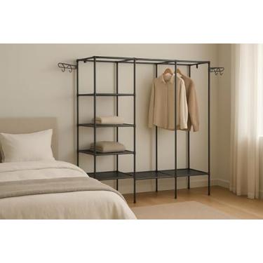 Imagem de Arara Cabideiro com Sapateira com Prateleiras e 3 Colunas – Armário Organizador triplo resistente para Closet e Quarto de Casal com Montagem Fácil