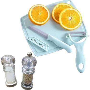 Imagem de Kit Descascador e Faca de INOX com MINI Tábua, AZUL, 3 Peças, 19,5cm, para Legumes e Frutas + Moedor de Sal e Pimenta em Acrílico, 11cm
