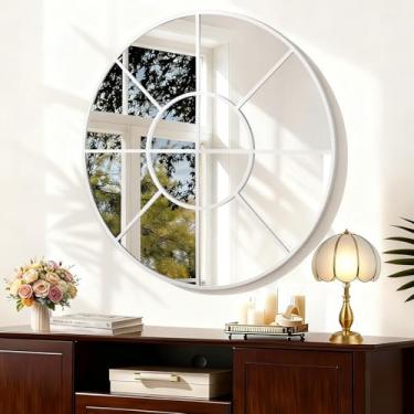 Imagem de WDSHIYI Espelho circular branco, espelho redondo de metal emoldurado para parede, espelhos decorativos modernos para sala de estar, quarto, entrada, decoração suspensa de 61 cm