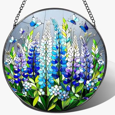 Imagem de Ornamento de vitral de 20 cm, pendurado em vitral, decoração para pendurar na janela, enfeite Texas Bluebonnet | Natal, dia das mães, aniversário | presentes para mãe, presentes de jardim para amigos