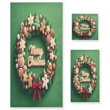 Imagem de Qilmy Conjunto de 3 peças de toalha de guirlanda de biscoito de Natal, conjunto de toalhas decorativas de banheiro macio absorvente com toalha de banho, toalha de mão e toalha de banho