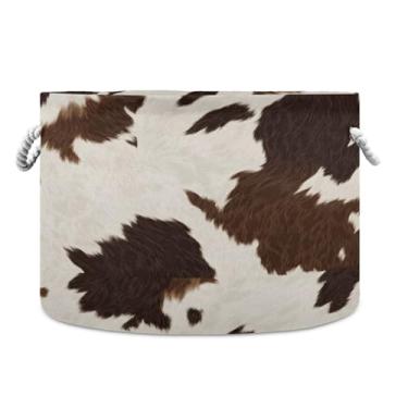 Imagem de JUZIHAI Cesta de armazenamento dobrável de couro de vaca marrom branco cesto de roupa suja para bebês com alças de corda de algodão, caixa de brinquedos dobrável, organizador de armário para quarto