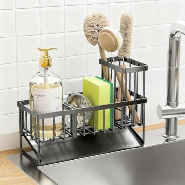 Imagem de Organizador de pia de cozinha autodrenante, suporte dispensador de esponja e detergente de aço inoxidável com suporte de escova alta, bandeja de bancada sem instalação (cinza)