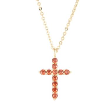 Imagem de RIZILIA Colar de cruz minimalista Time-Honored para mulheres com corte redondo CZ simulado granada vermelha banhada a ouro 14K - corrente de 45,7 cm pingente Faith - caixa de presente