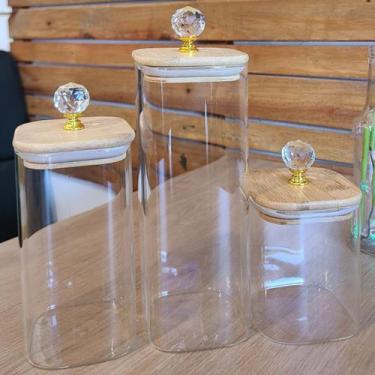 Imagem de Potes de vidro Quadrado com tampa de bambu puxador de cristal Porta Co
