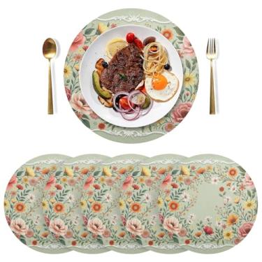 Imagem de Conjunto de 6 tapetes florais verdes para ambientes internos laváveis para cozinha, mesa de jantar, 38 cm, jogo americano redondo de PVC para ambientes internos