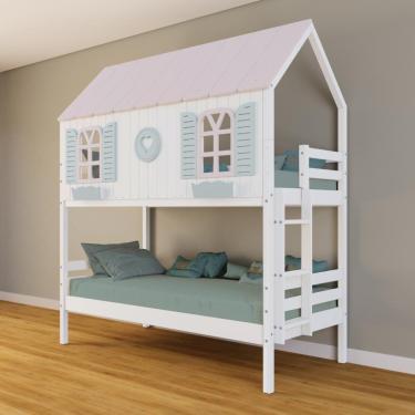 Imagem de Beliche Casinha Bela Com Coração - Madeira Maciça Branco/rosa/verde | Housin