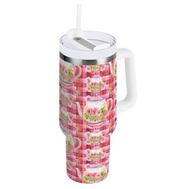 Imagem de Copo grande de água rosa com tampa e canudo, copo isolado de aço inoxidável