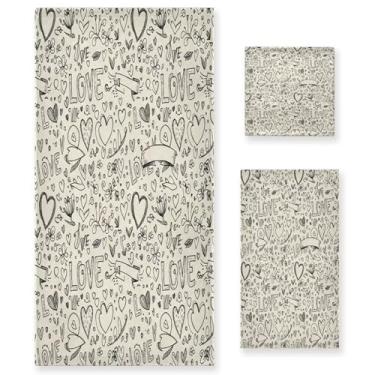 Imagem de Wassud Conjunto de 3 toalhas de banho com desenho de corações dos namorados, toalhas super macias e absorventes para banheiro, toalhas de banho de secagem rápida, toalha de banho para academia, spa