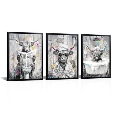 Imagem de LoveHouse Arte de parede Highland Cow preto e branco animal impressão em tela pintura engraçada grafite vaca banheiro decoração de parede