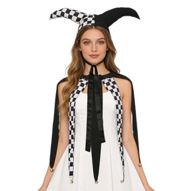 Imagem de UniqKaliber Gargantilha de palhaço vitoriano xadrez e chapéu de bobo bobo da corte de Natal com sinos para fantasia
