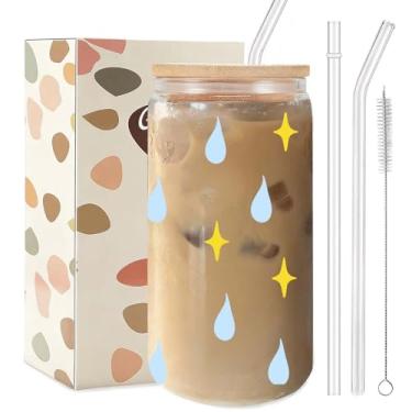 Imagem de Copo de vidro Waterdrop & Star 473 ml, copo estético fofo com tampa de plástico e canudos, copo temático celestial, presente exclusivo para meninas e mulheres