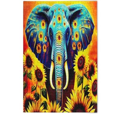 Imagem de Quebra-cabeça floral de elefante azul girassóis 500 peças para adultos elefante branco presentes para homens cenário criativo decoração de arte animal, 500 peças, 52 x 37,8 cm