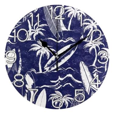 Imagem de GAIGEO Relógio de parede analógico decorativo moderno movido a bateria para quarto e cozinha, decoração de parede retrô moderna art déco pranchas de surfe, palmeiras, azul marinho, 25 cm, ponteiros