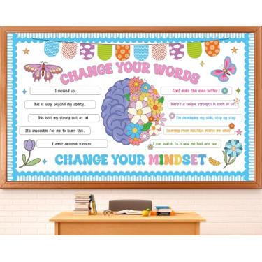 Imagem de Conjunto de quadro de avisos Growth Mindset Spring Change Your Mindset Quadro de avisos decoração de sala de aula Primavera floral cérebro borboleta recortes positivos frases positivas pôsteres para