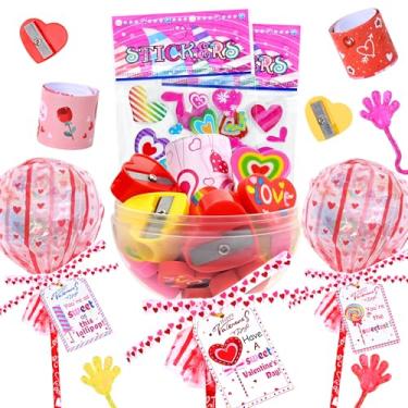 Imagem de 24 peças de presentes de dia dos namorados, conjunto de papelaria em forma de pirulito, cartões dos namorados, lápis, adesivos, borrachas, apontador
