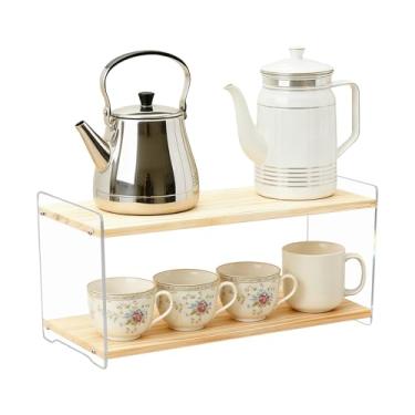 Imagem de Organizador de acrílico para estação de chá de café de 2 camadas, prateleira de exibição de acrílico de madeira para bancadas de cozinha de escritório, barras de café, canecas, copos de café