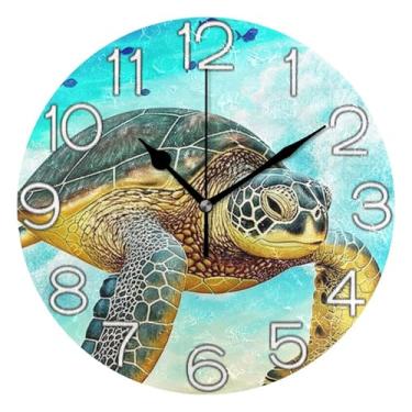 Imagem de Relógio de parede decorativo analógico relógio de cozinha rústico redondo sem tique-taque silencioso, decoração de parede moderna sala de estar verde tartaruga praia tropical, 25 cm, ponteiros pretos