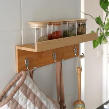 Imagem de Prateleira de Bambu com 3 Ganchos, 35cm x 11cm x 10cm, Design Natural, Organizador de Parede