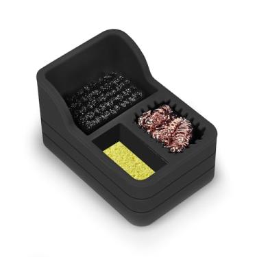 Imagem de Kit de limpeza de ponta de ferro de solda com lã de latão, esponja, escova de aço em suporte de silicone preto – Ferramenta de limpeza resistente ao calor e arranhões para solda, reparo eletrônico