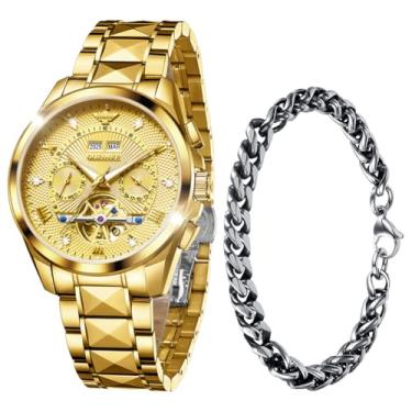 Imagem de OUPINKE Relógio masculino automático esqueleto diamante original mecânico automático relógio de pulso luxuoso para homens, G3270G: pulseira dourada e mostrador dourado, Presente de luxo, negócios