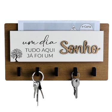 Imagem de Porta Chaves Decorativo 05 Ganchos em MDF - Ideal para Entrada, Corredor, Cozinha ou Área de Serviço - Organização e Decoração(amadeirado com branco)